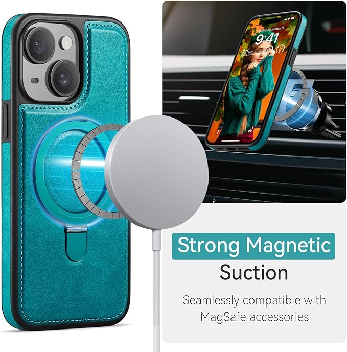 for iPhone 15 Case with Stand, Compatible with Magsafe, Slim Thin PU Leather & Durable TPU Drop Proof Magnetic Protective Phone Cover with Tempered Glass Screen Protector 6.1", Turquoise