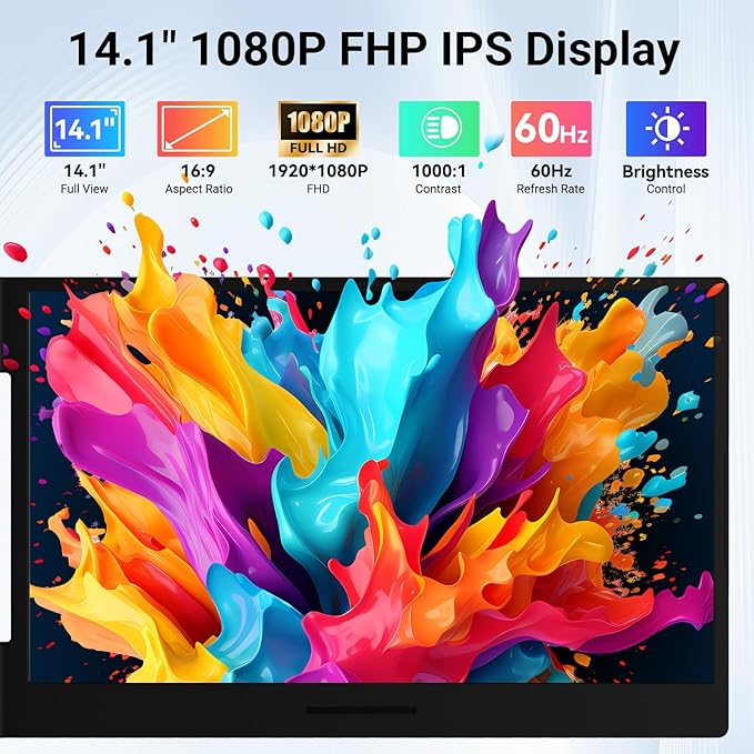 Laptop Screen Extender 14.1" 1080P IPS, Dual Screen Portable Monitor for Laptop 13-17.3", Plug & Play Monitor Extender with USB-C/HDMI, Travel Monitor for Work & Home Office Mac/Windows/Chrome/Android