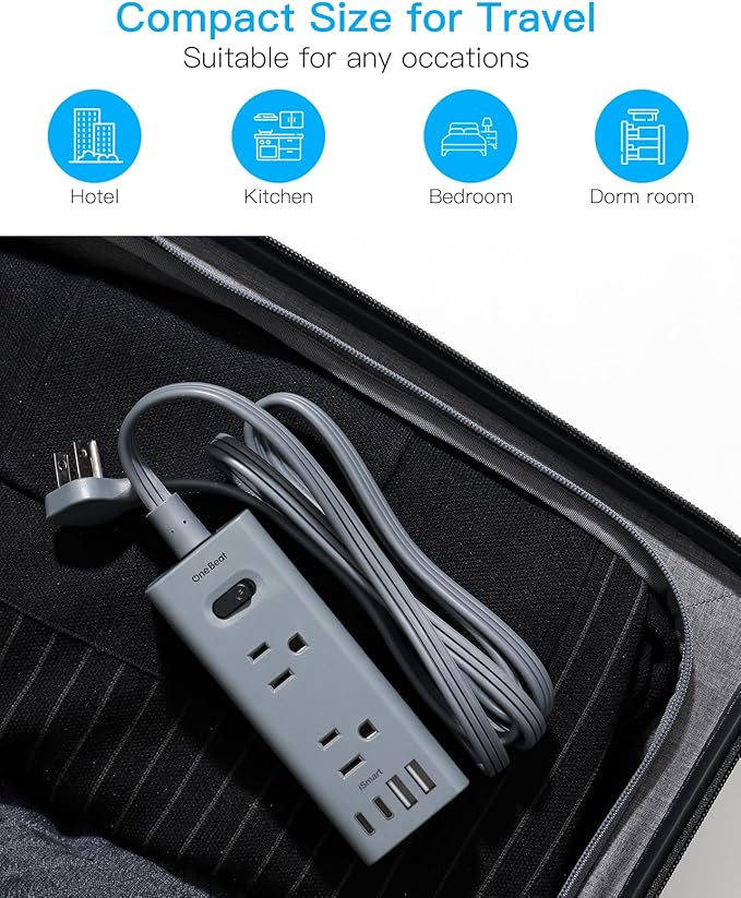 10Ft Extension Cord with Multiple Outlets,Flat Plug Power Strip Surge Protector with 10 Ft Long Cord,6 Outlet 4 USB Ports (2USB C),Multi Outlet Wall Plug for Travel,College,Dorm Essentials-Grey