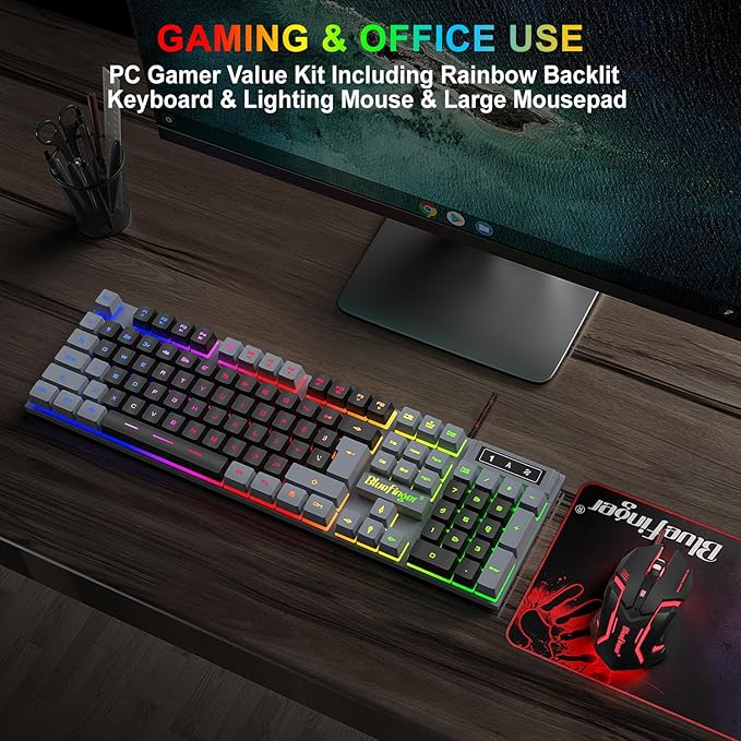 BlueFinger RGB Gaming Keyboard and Backlit Mouse Combo, USB Wired, LED Gaming Set for Laptop PC Computer Game and Work(Gray & Black)
