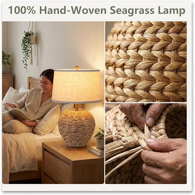TOBUSA 25’’ Rattan Table Lamp for Living Room, Coastal Boho Wicker Lamp with 3 Color Temperatures, Farmhouse Rustic Seagrass Woven Basket Lamp for Bedroom Nightstand End Table Cottage, Bulb Included