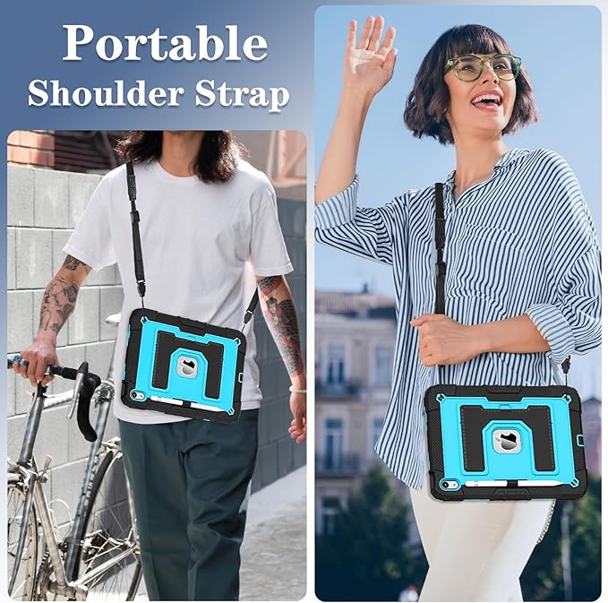 Kids Friendly Case for iPad A16 11th Generation 11 Inch 2025 / iPad 10th Generation 10.9" 2022 Case with Pencil Holder & Shoulder Strap, Hybrid iPad 11 10 Cover Rugged Shockproof Kickstand,Black+Blue