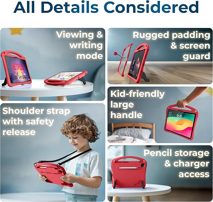 Bam Bino Space Suit, iPad Air 11 Inch Case Kids(M2/M3/M4) iPad Pro 11inch(M4/M5), iPad A16(11thGen), iPad 10thGeneration Built-in Screen Protector, Handle, Kick Stand, Shoulder Strap (Watermelon Pink)