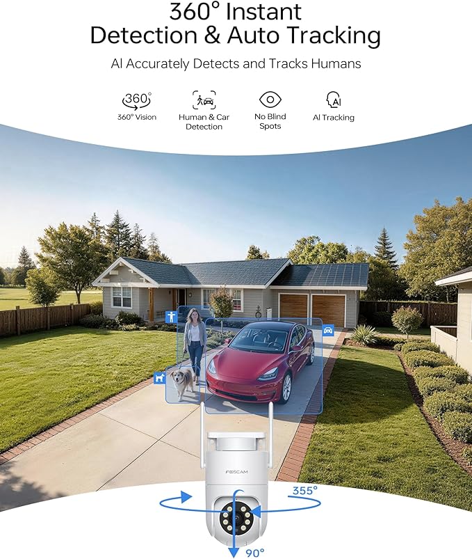 FOSCAM 4K Security Camera Outdoor, Full Space Sense WiFi Camera 360° Radar Auto-Tracking, No-Blind-Spot View, Human/Car/Motion/Sound Detection, Color Night Vision, IP66 Compatible with Alexa