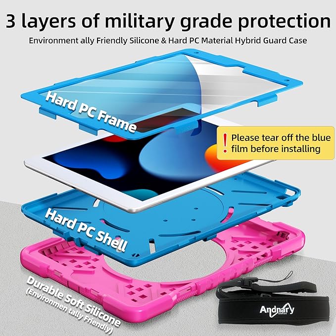 Andnary Case for iPad 9th/8th/7th Generation 10.2 inch, Shockproof Cover with Screen Protector/360° Rotating Handle/Bracket/Pen Holder/Shoulder Strap, Kids Case for iPad 2021/2020/2019 (Pink+Blue)