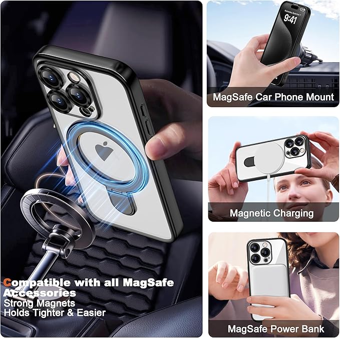 Compatible with iPhone 15 Pro Case with Invisible Magnetic Ring Stand [Compatible with Mag-Safe] [Full Camera Lens Protector] Plating Clear Phone Case for iPhone 15 Pro 6.1", Black