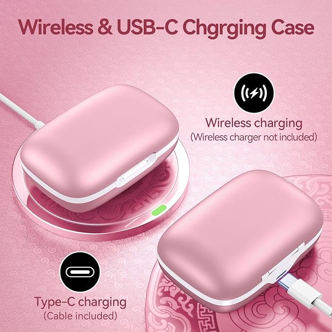 Active Noise Cancelling Wireless Earbuds Bluetooth Headphones 80H Playtime Ear Buds with Power Display Case Hi-Res Sound & Clear Calls Over Ear Hooks Earphones for Sports Running Gym Workout Rose Gold