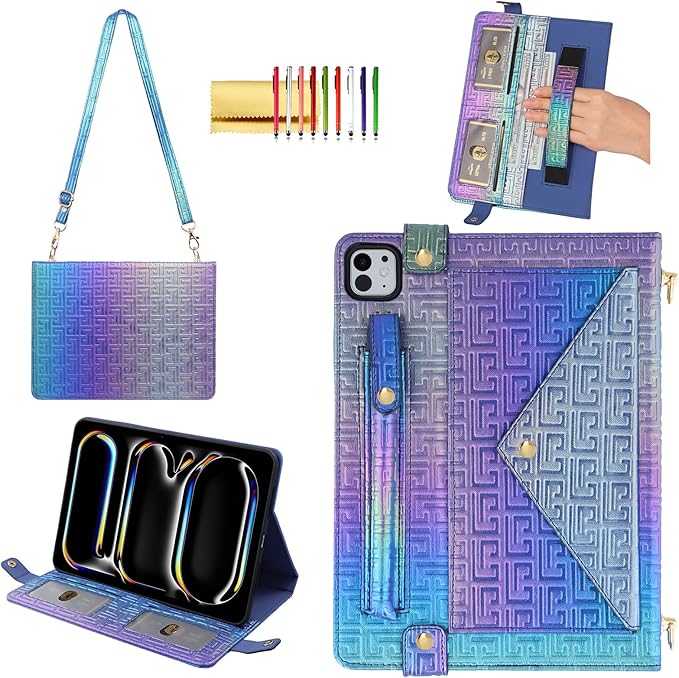 Shiny Case for iPad Pro 11" M5 M4 (2025/2024) Handbag Case, Techcircle Iridescent PU Leather Folio Envelope Pocket Stand Cover with Hand Strap+Shoulder Strap+Pencil Holder+Card Slots, Shiny Indigo