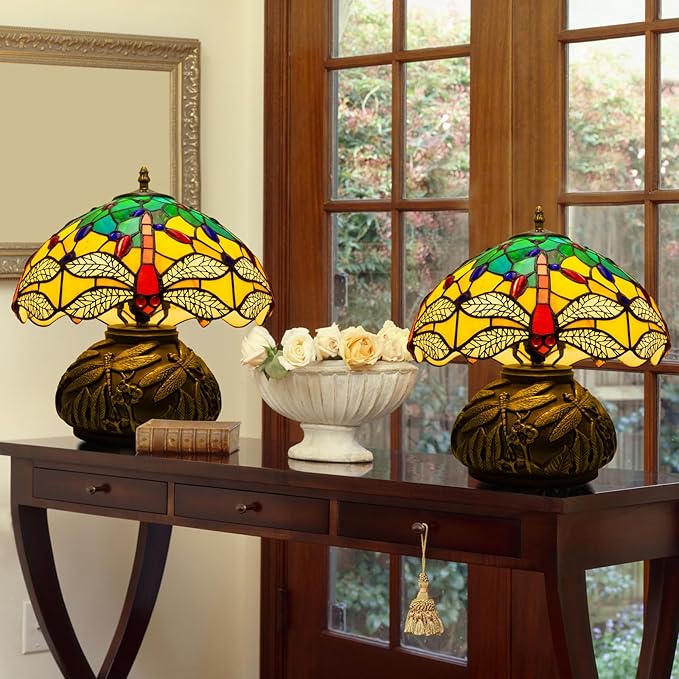 Tiffany Lamp,12 inch Stained Glass Lamp,Dragonfly Tiffany Style Table Lamp Included E26 LED with Remote Control for Bedside,Living Room,Dining Table,Antique Office(Blue Leaf)