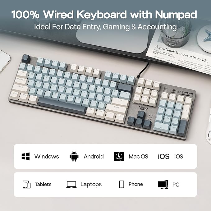 MechLands Aula S500 Wired Gaming Keyboard, 100% Full Size Mechanical Keyboard with Number Pad, 104 Keys, NKRO, RGB Backlits, Shine Through Keycaps, Ergonomic for PC E-Sports (Black&Blue, Blue Switch)