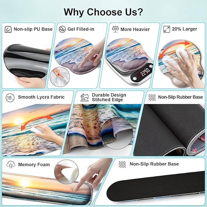 Mouse Pad + Desk Mat + Keyboard Wrist Rest + Coaster 4 in 1 Set, Cute Ergonomic Large Gaming Mousepad with Wrist Rest Support Desk Pad for Computer Laptop Office Home Decor-Beach