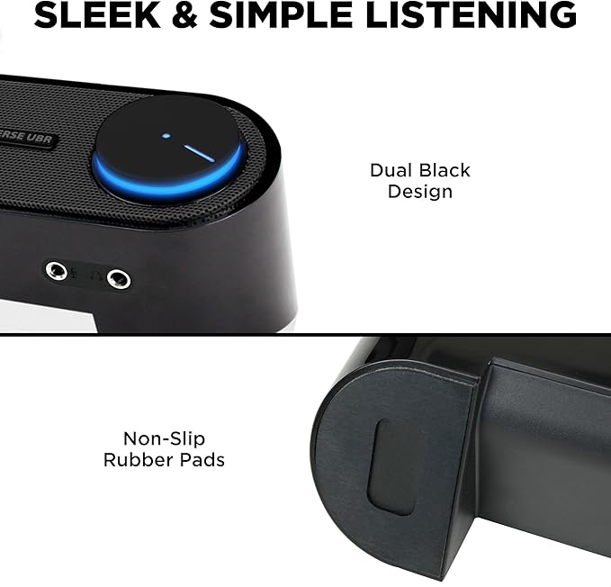 GOgroove Computer Speaker Mini Soundbar - USB Powered PC Sound Bar with Easy Setup Wired AUX, Stereo Audio, Microphone Port, Volume Control Knob, Under Monitor Design for Desktop (Blackout)