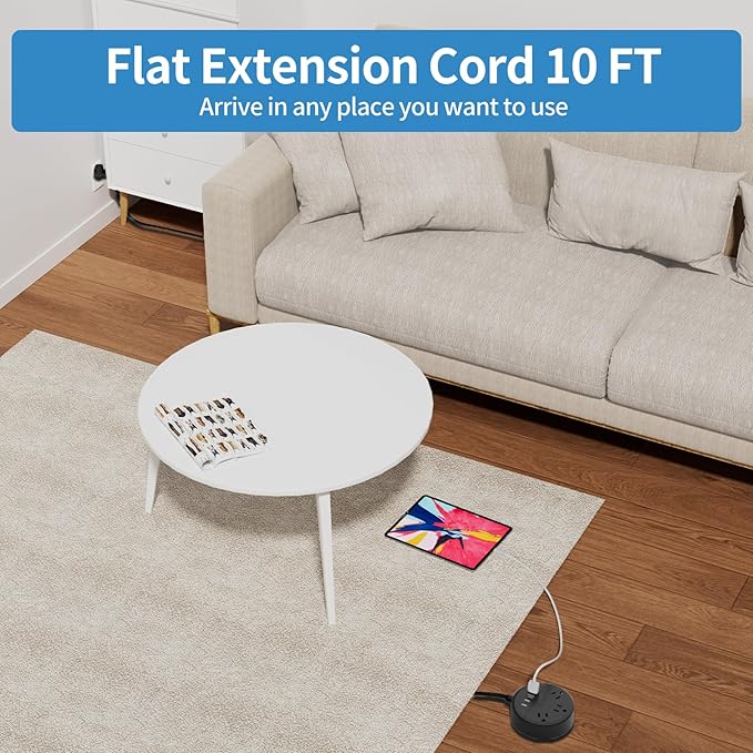 Flat Extension Cord 10 ft, NTONPOWER Ultra Thin Flat Plug Power Strip with 4 USB Ports & 3 Outlets, Wall Mountable, Desktop Power Strip, Compact for Home Office, Travel, Dorm Room Essentials, Black