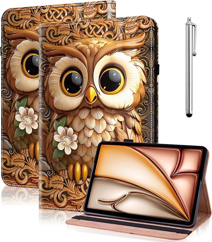 Case for iPad Pro 11 Inch (M5/M4) 2025/2024, PU Leather Tablet Cases Flip Folio Multi-Angle Viewing Stand Protective Cover with Card Slots - Brown Owl