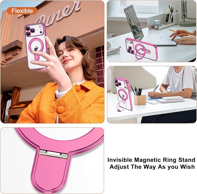 Compatible with iPhone 17 Pro Case with Invisible Magnetic Ring Stand [Compatible with Mag-Safe] [Full Camera Lens Protector] Plating Clear Phone Case for iPhone 17 Pro 6.3", Rose