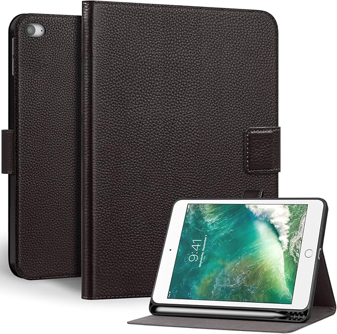 Genuine Leather Case for iPad mini 5th / 4th Generation 7.9’’ (2019/2015) | Slim Protective Cover with Adjustable Stand, Auto Wake/Sleep, Magnetic Closure, Premium Leather | Dark Brown