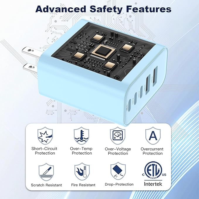USB C Charger Block, 60W 5 in 1 Charging Blocks, PD 3.0 Fast Charger, QC 2A Blue Wall Plug Multiport Type C Charging Block for iPhone 17 16 15 14 13 12 Pro Max, iPad, iPod, Samsung, AirPods Pro