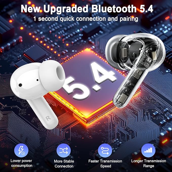 Bluetooth 5.4 Earbuds, 2026 Bass-3.0 Wireless Headphones 3D-Stereo Ear Buds, 4 ENC Noise Cancelling Mic, 40+Hrs USB-C in-Ear Earphones, IP-X7 Waterproof Sport Workout Gym for Laptop Pad Android iOS