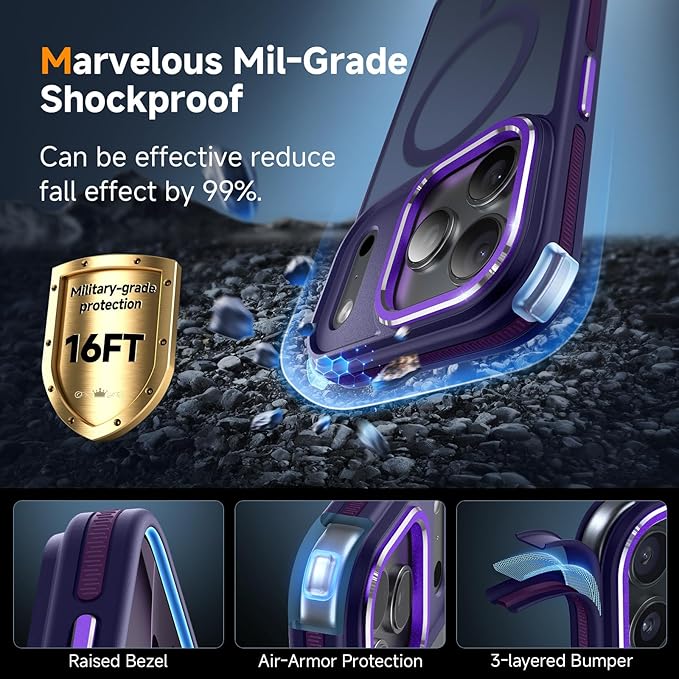 Magnetic 3 in 1 for iPhone 17 Pro Max Case, [Omni-Directional Protection] with 1x Screen Protector + 1x Camera Cover, [Seamless Work with Magsafe] Protective Silm Case for iPhone 17 Pro Max Purple