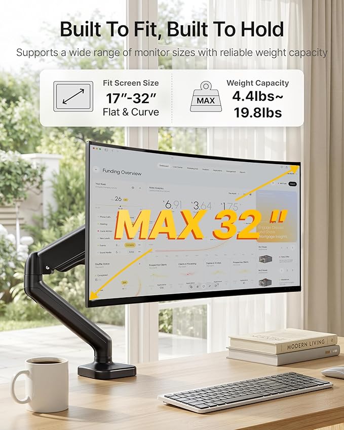 monTEK Heavy Duty Single Monitor Arm for 17-32” Flat/Curved Screens, Premium Mechanical Spring Monitor Arm up to 19.8 lbs, Full Motion Monitor Desk Mount with Quick-Release VESA Plate, Clamp/Grommet
