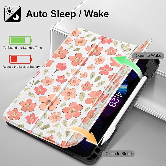 May Chen Case for iPad Pro 11 inch (4th, 3rd, 2nd & 1st Gen) 2022 2021 2020 2018,Trifold Stand with Auto Wake/Sleep Soft TPU Protective Stand Back Cover, Pink Small Flowers