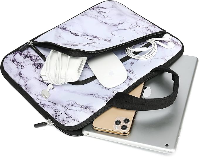 14 15 15.4 15.6 inch Laptop Handle Bag Computer Protect Case Pouch Holder Notebook Sleeve Neoprene Cover Soft Carrying Case with Extra Pockets For Dell Lenovo HP Chromebook (White Marble)