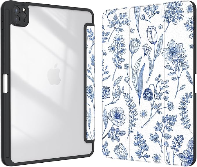 Case for iPad Pro 11 inch 4th/ 3rd/ 2nd / 1st Generation (2022/2021/2020/2018), Case with Pencil Holder, Stand Clear Back Cover Cute Cool Design for Women Girls, Auto Sleep/Wake, Blue Flower