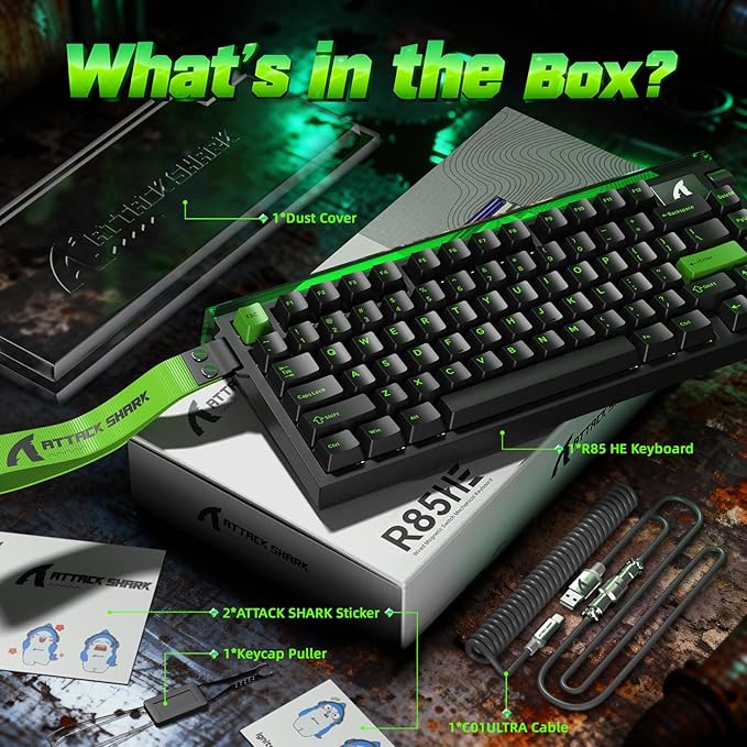 ATTACK SHARK R85 HE 75% Magnetic Wired Gaming Keyboard,8KHz Polling Rate Rapid Trigger,0.005mm RT Precision,256K Scan Rate,Custom Hot-Swappable,Web Driver PC Keyboard for Gamer/Win/Mac,Neon Green