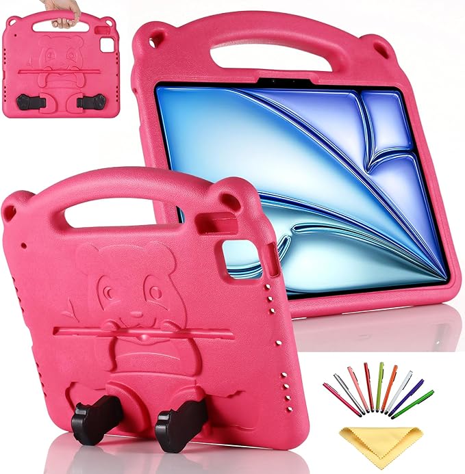 Kids Case for Apple iPad Air 11 inch Tablet (M3 2025/M2 2024), with Kickstand/Handle Slim Lightweight Soft EVA Foam Shockproof Stand Boys Girls Cute Heavy Duty Protection Cover, Rose Panda