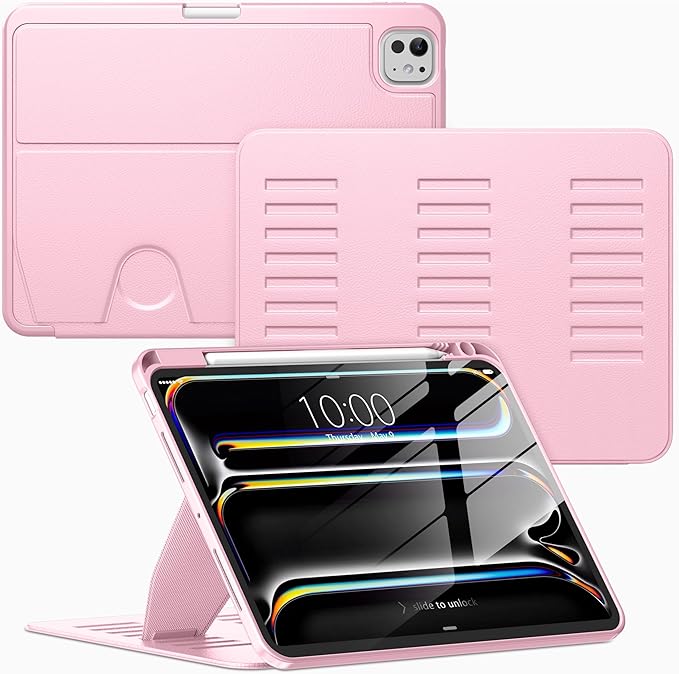 VIKESI Case for iPad Pro 11 inch (M5/M4) 2025/2024,Multiple Angles Magnetic Stand Cover,Shockproof Back,Pencil Holder,and Auto Sleep/Wake,Pink