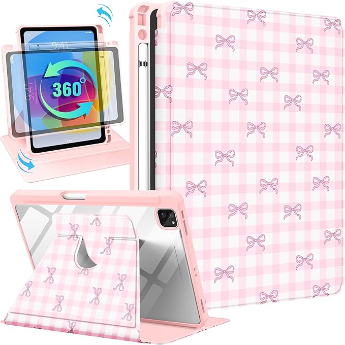 Uppuppy for iPad Air 13 inch Case(Air M4 2026/M3 2025/M2 2024), for iPad Pro 12.9 Case(6th/5th/4th/3rd/2nd/1st Gen) - 360 Rotating Smart Folio Cover with Pencil Holder for Women Girls, Pink Bow Plaid