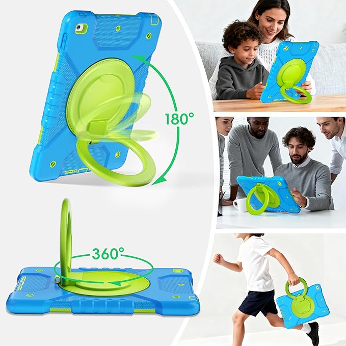Andnary Case for iPad 9th/8th/7th Generation 10.2 inch, Shockproof Cover with Screen Protector/360° Rotating Handle/Bracket/Pen Holder/Shoulder Strap, Kids Case for iPad 2021/2020/2019 (Blue+Green)