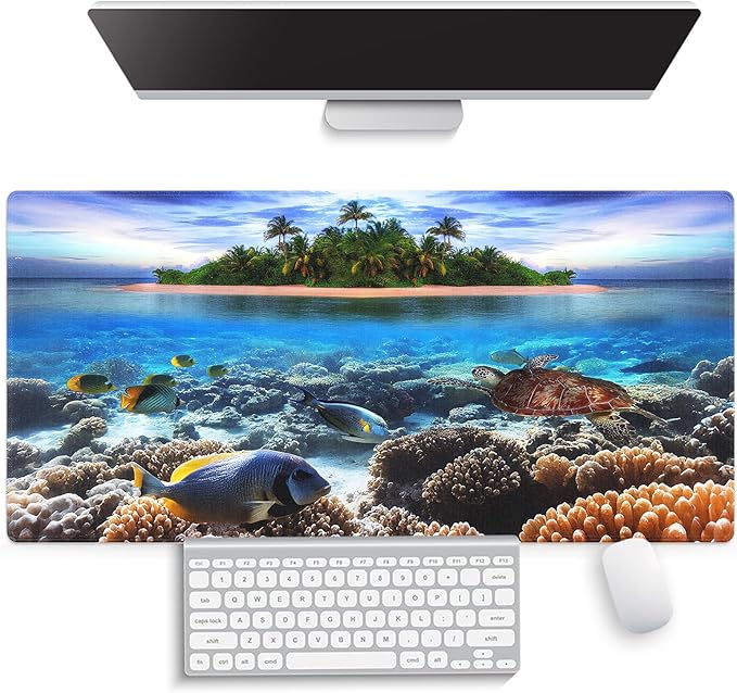 Large Gaming Mouse Pad (31.5" x 15.8") - Tropical Island Underwater Paradise Marine Life Sea Turtle A Coral Reef Adventure, Extra XXL Office Accessories, Premium Stitched Anti-Slip Desk Mat