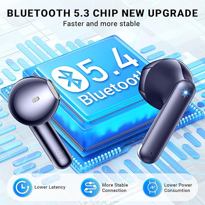 Wireless Earbuds, Bluetooth 5.4 Headphones with 42H Ultralight Ear Buds, Bluetooth Earbuds with 4 ENC Noise Cancelling Mics, HiFi Deep Bass Dual LED Display USB-C, IPX6 Waterproof Earphones Blue