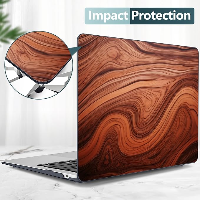 TWOLSKOO for MacBook Air 13.3 inch Case 2021 2020 2019 2018 Release M1 A2337 A2179 A1932 with Touch ID, Plastic Hard Shell Case & Keyboard Cover & Type C Adapter, Wood Grain