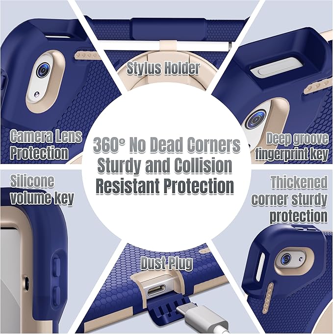 Andnary Case for iPad (A16) 11th /10th Generation 11/10.9 Inch 2025/2022 with Screen Protector/360° Rotate Stand/Shoulder Strap/Pencil Holder, Shockproof iPad 11th/10th Gen Cover (Navy+White)
