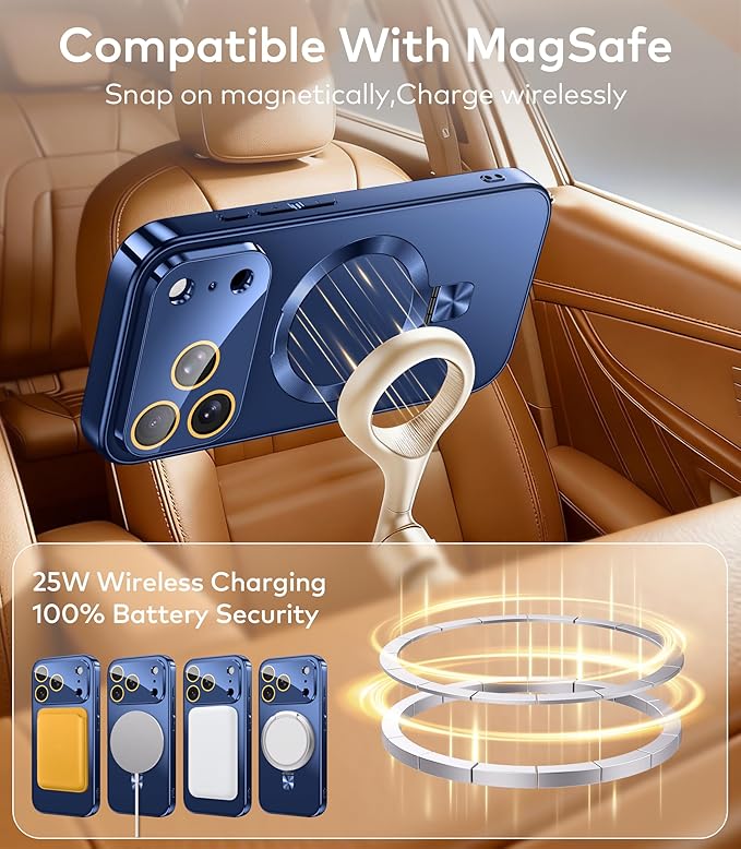 TOBOVON Magnetic for iPhone 17 Pro Max Case with Ring Stand, Fits MagSafe, with Built-in Camera Lens Protector, Slim Electroplated Shockproof Phone Cover, Blue