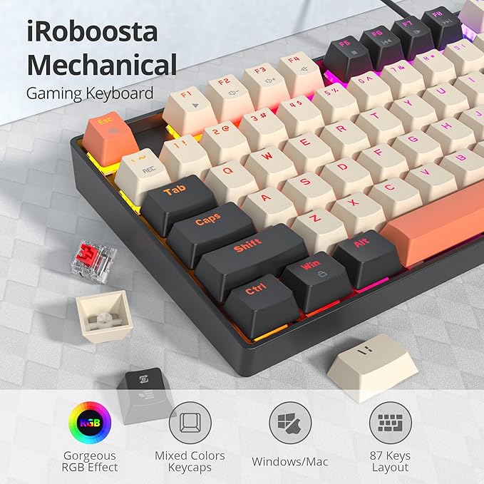 75% Mechanical Gaming Keyboard with Red Switch, RGB LED Backlit Keyboard Orange, 87 Keys Compact TKL Wired Computer Keyboard for Windows Laptop PC Gamer (87 Carbon)