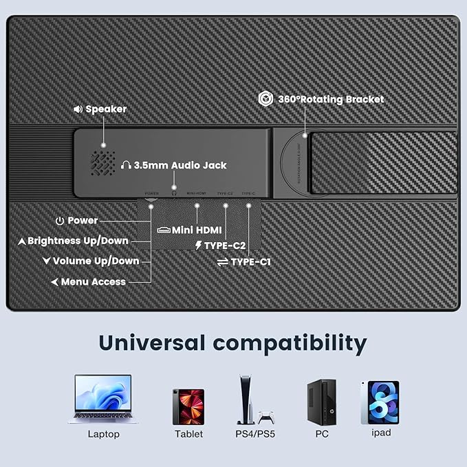 FLYTOCCA Portable Monitor, 16 Inch FHD 1200P, Horizontal/Vertical Monitor, Plug & Play, Built-in Speakers & Headphone Jack, Travel Monitor for Laptop with Premium Smart Cover