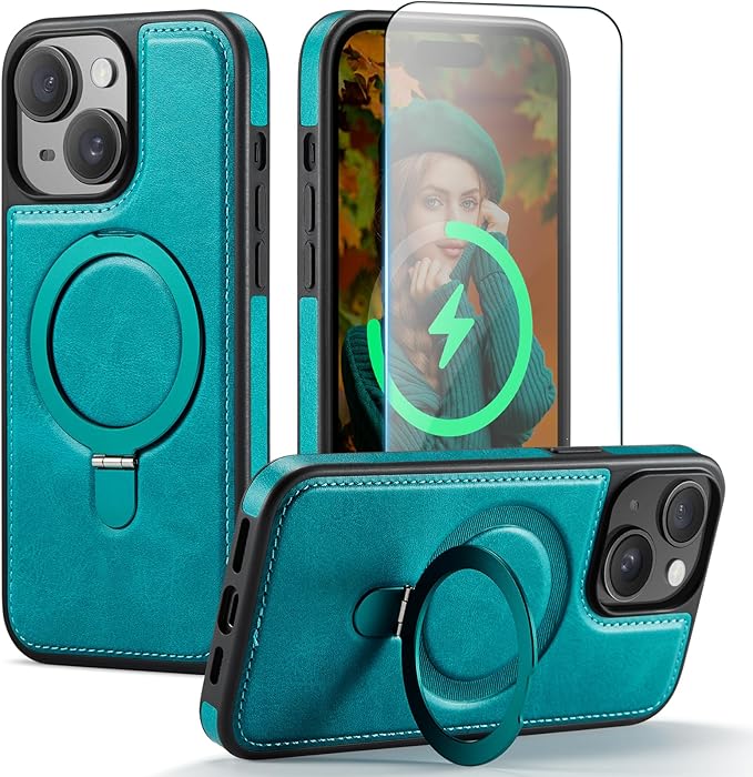 for iPhone 14 Case with Stand Compatible with Magsafe Slim PU Leather & Durable TPU Drop Proof Magnetic Kickstand Protective Phone Cover with Tempered Glass Screen Protector 6.1", Turquoise