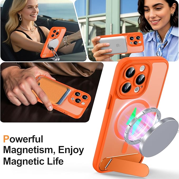 Magnetic Compatible with iPhone 13 Pro Case, [Built-in Kickstand][Full Camera Protection][Compatible with MagSafe][Anti-Fingerprint] Shockproof Phone Case for iPhone 13 Pro 6.1",Orange