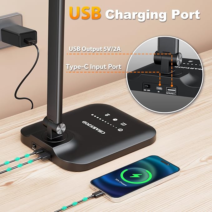 CHARYJOD LED Desk Lamp for Office Home, Height Adjustable Architect Desk Light with USB Adapter, Stepless Dimming Desk Lamp Light for Reading, Study, Workbench