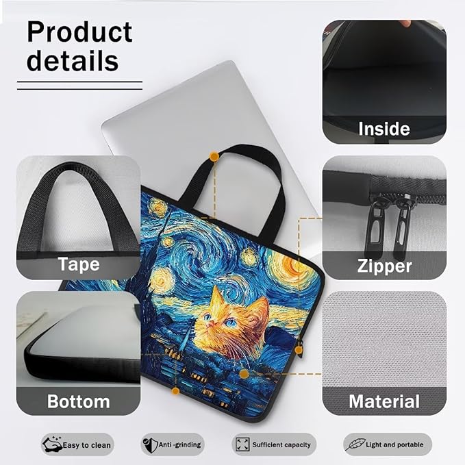 15 Inch Starry Night Cat Laptop Sleeve Tablet Protector Case with Handle, Men Women Zipper Computer Bag Carrying Case Notebook Cover Messenger Briefcase for Travel/Office/Work