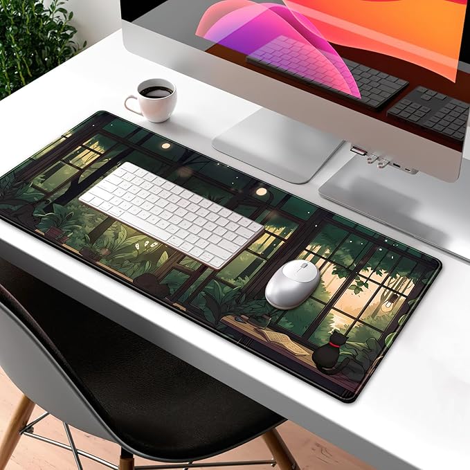 Cute Lofi Desk Mat Green Plants Mouse Pad Large Black Cat Aesthetic Desk Pad Kawaii Anime Extended Gaming Mousepad XL Laptop Keyboard Mouse Mat Deskmat 31.5"x11.8" Cute Office Decor