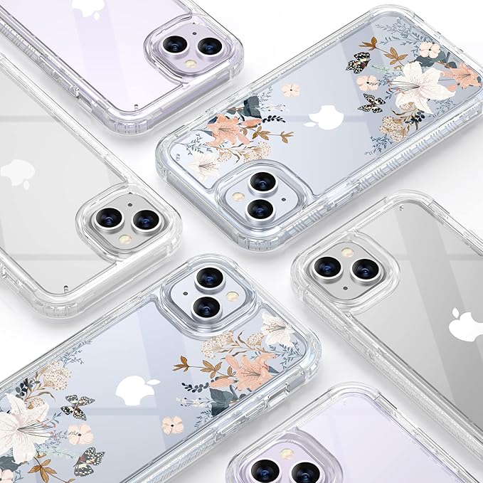 Diaclara Designed for iPhone 14 Case, Full Body Rugged Case with Built-in Touch Sensitive Anti-Scratch Screen Protector, with Camera Lens Protector for iPhone 14 6.1" (Lily) Butterfly