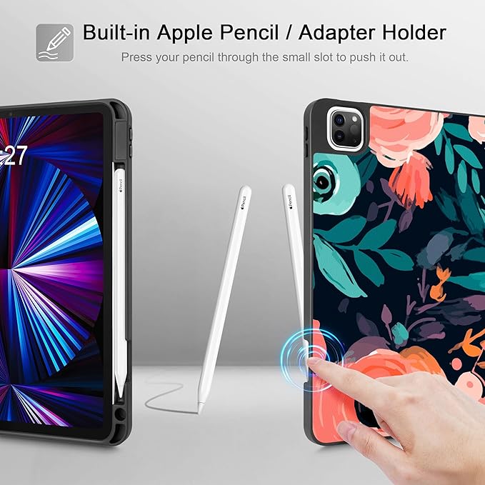 May Chen Case for iPad Pro 11 inch (4th, 3rd, 2nd & 1st Gen) 2022 2021 2020 2018, Trifold Stand + Pencil Holder + Auto Wake/Sleep + Soft TPU Protective Stand Back Cover, Bright Flowers