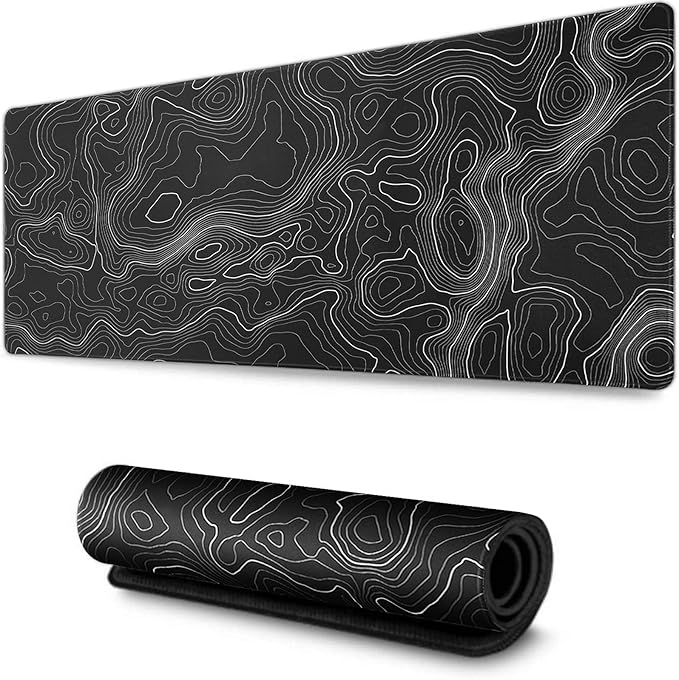 AQQA Topographic Gaming Mouse Pad XL - (31.5 x 11.8 in) Large Black and White Desk Mat, Extended Contour Line Mousepad with Non-Slip Rubber Base, Waterproof Stitched Edges for Office & Home