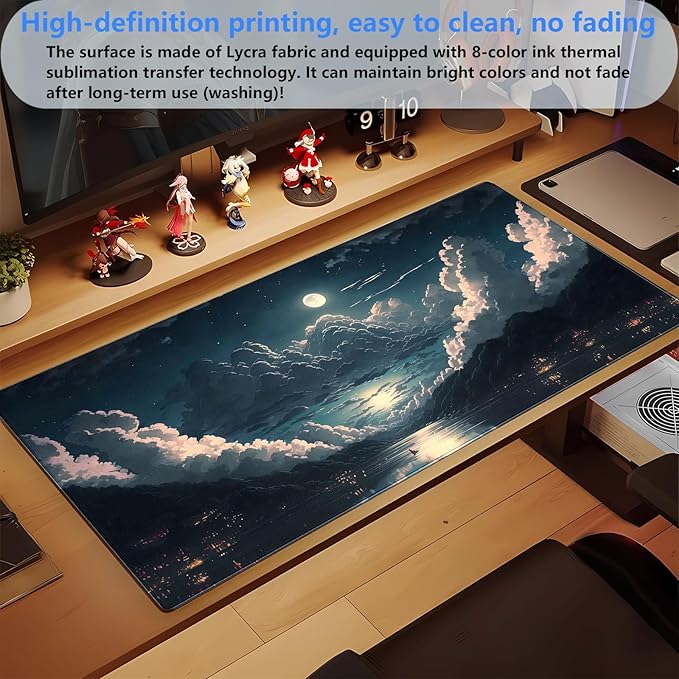 Anime Aesthetic Desk Mat - Large Gaming Mouse Pad XXL (31.5 x 15.7 in) - Extended Full Moon Cloud Keyboard Pad with Stitched Edges, Non-Slip Base for Home Office & Gaming Setup