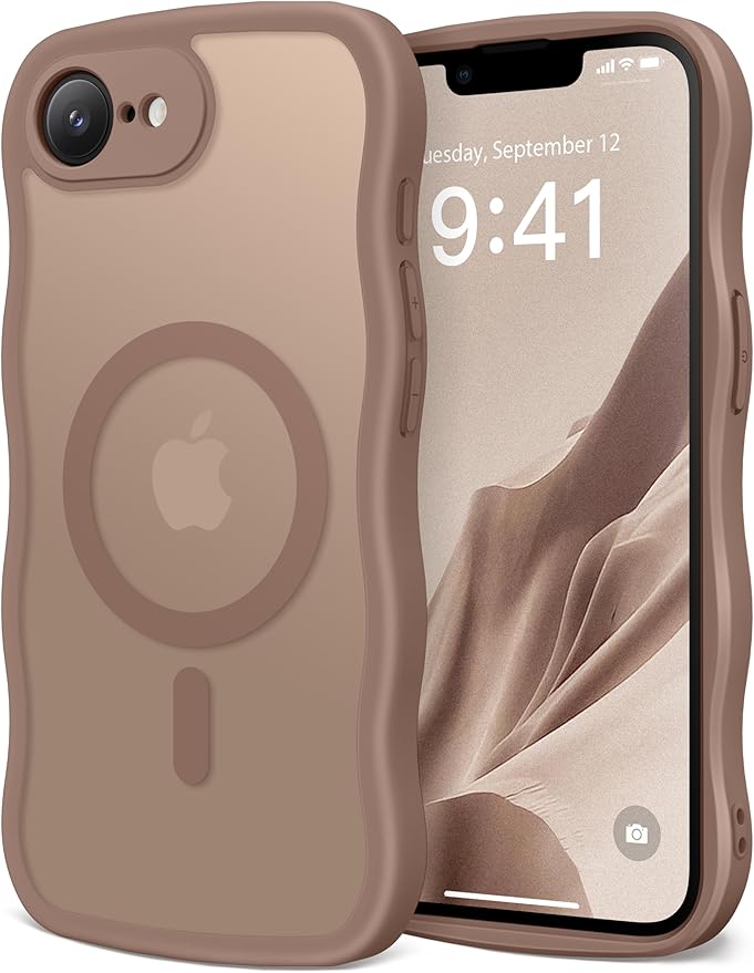 CAPRARO for iPhone 16e Case for Women Girls, Upgraded [Full Camera Protection] [Compatible with MagSafe] Cute Wave Translucent Matte Phone Case for iPhone SE 4 6.1-Inch, Brown
