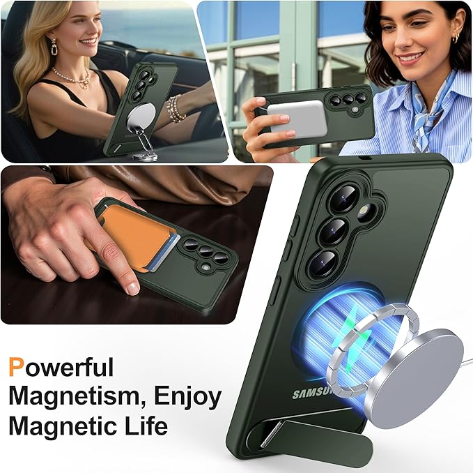 Magnetic for Samsung Galaxy S26 Case, [Compatible with MagSafe][Full Camera Protection][Built-in Invisible Kickstand] Translucent Matte Phone Case for S26 6.3" - Green